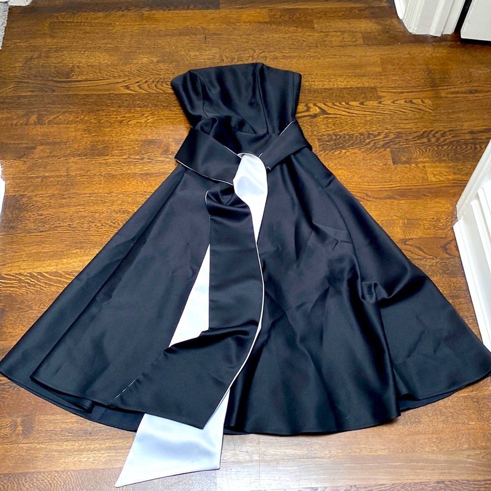 ABS by Allen Schwartz black formal strapless tea length gown with sash. Size 4